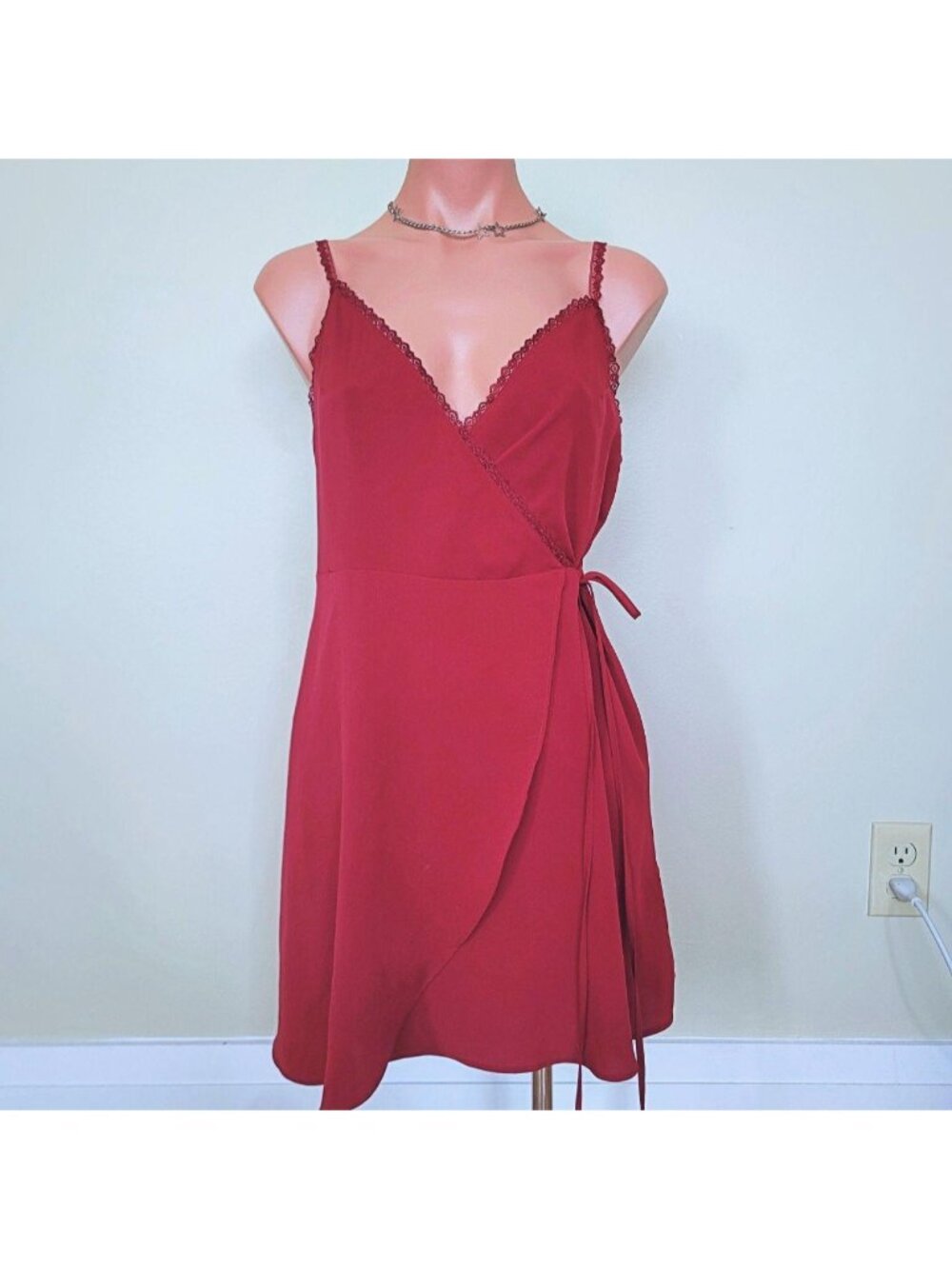Whimsigoth Deep Wine Red Lace Trim Wrap Summer Mini Dress (S)